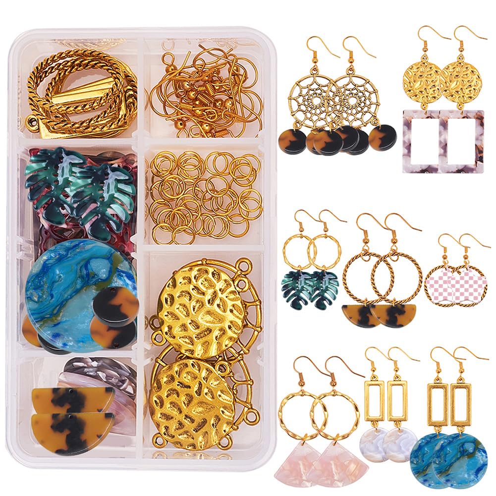 SUNNYCLUE DIY 8 Pairs Bohemia Resin Teardrop Star Square Round Leaf Earring Making Starter Kit with Alloy Chandelier Connector Supplies Women Adults Beginners