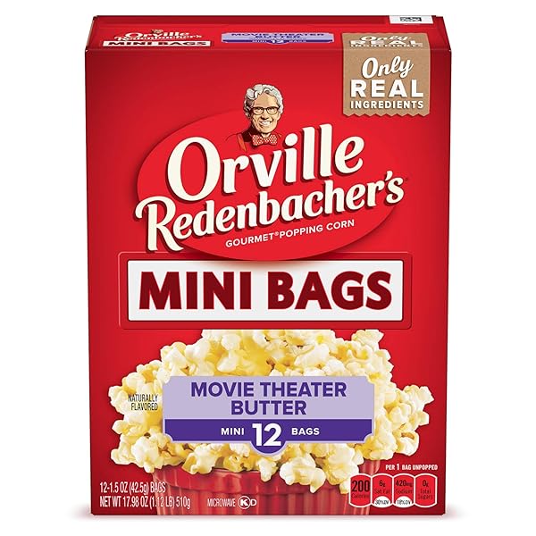 ORVILLE REDENBACHER’S MICROWAVE POPCORN MINI BAGS, MOVIE THEATER BUTTER FLAVOR, 3G FIBER PER SERVING, 1.5 OZ., 12-COUNT