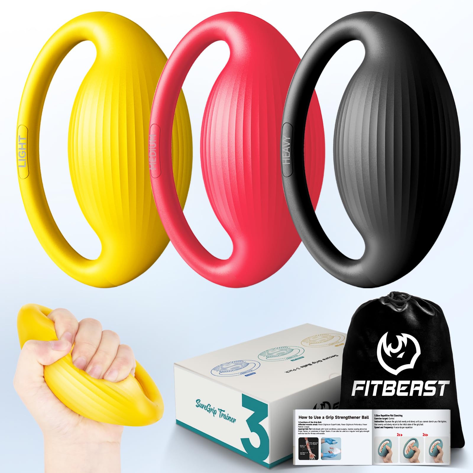 FitBeast Hand Exercise Balls - 3 Resistance Levels Hand Therapy Balls Set, Grip Strength Trainer for Rehabilitation & Muscle Building (3 Piece Set -Yellow Red Black)