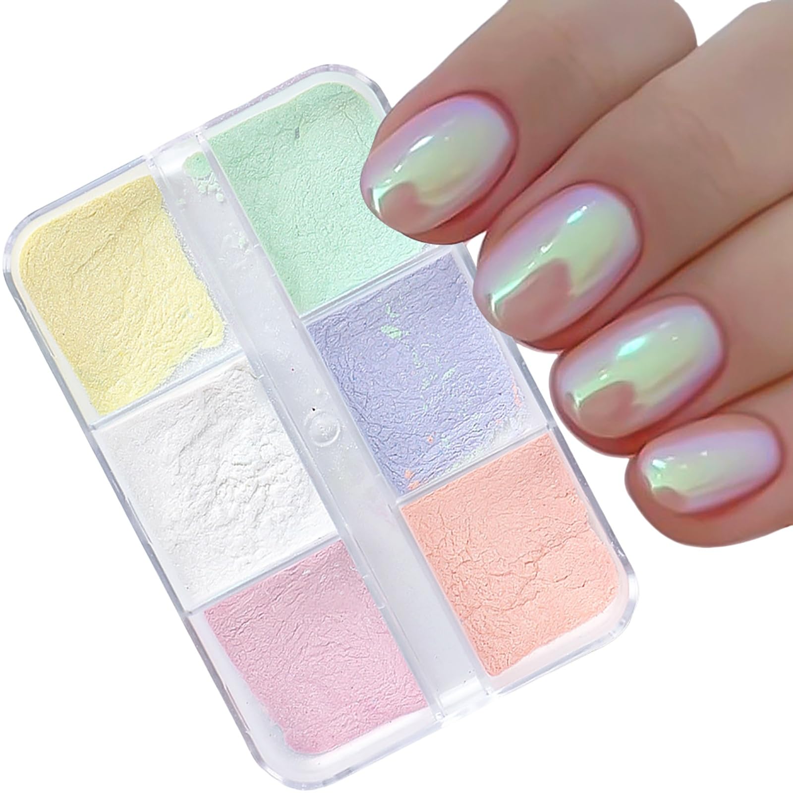 Chrome Nail Powder,1Box 6Grids Mermaid Neon Nail Art Pigment Powder Set,Holographic Magic Mirror Effect Nail Glitter Powder for Nail Art Design Decoration