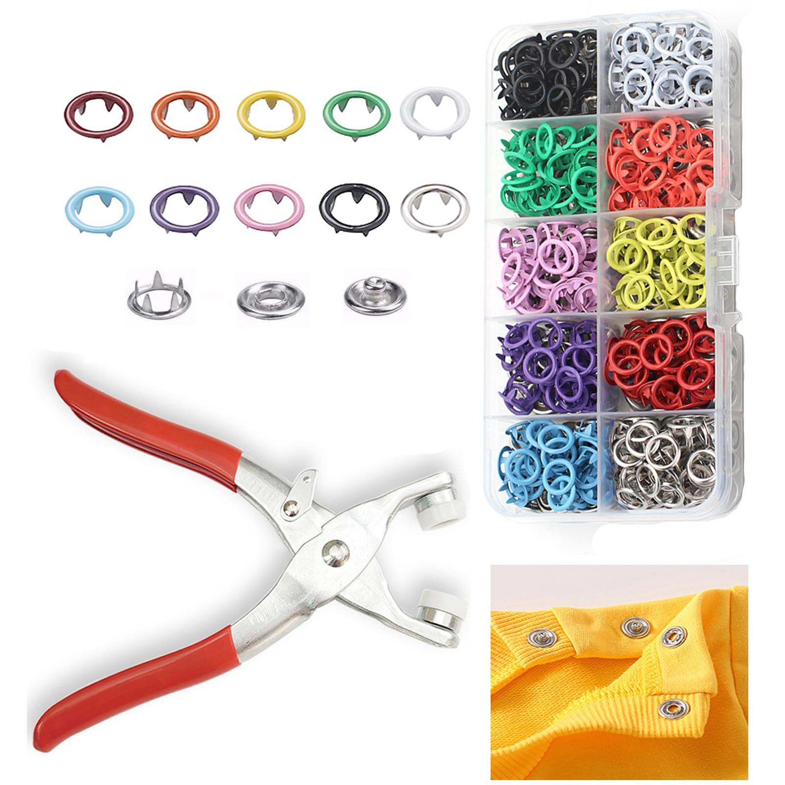 Photo 1 of GTAAOY 100 Sets Metal Snaps Buttons with Fastener Pliers Press Tool Kit Perfect for DIY Crafts Clothes Hats and Sewing, Snap Button Fasteners Kit for Clothing Sewing(9.5mm / 400 PCS)