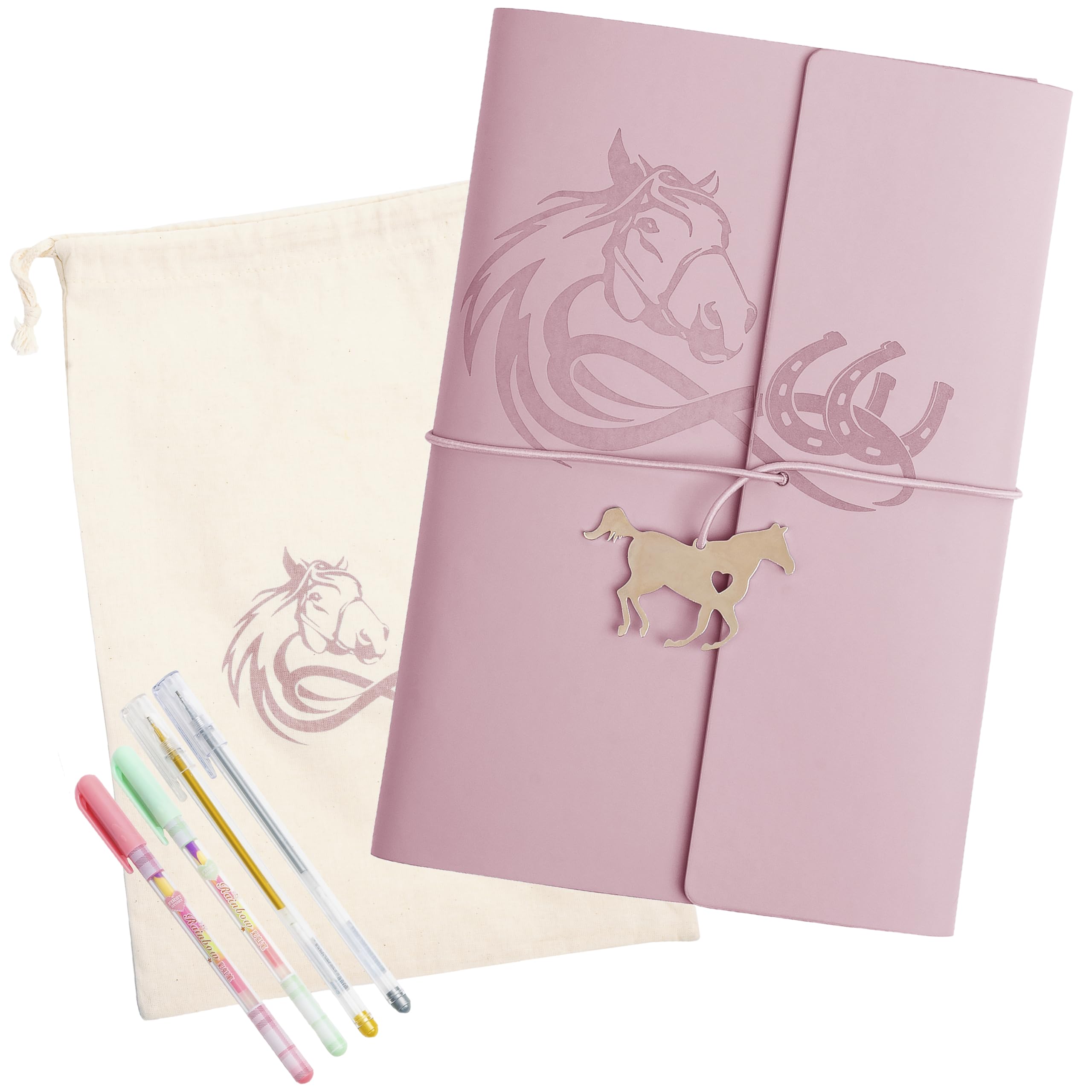 Cantik Horse Journal Notebook 7PC Set - Horse Notebook Gift For Girls & Women - PU Leather Refillable Diary With 4 Pens - Stationary For Girls - Perfect Horse Stuff for Writing & Scrapbooking (Pink)