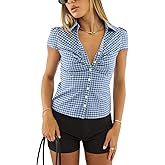 Women's V Neck Ruched Button Down Shirt Cap Sleeve Collared Fitted Work Office Blouse Summer Dressy Tops