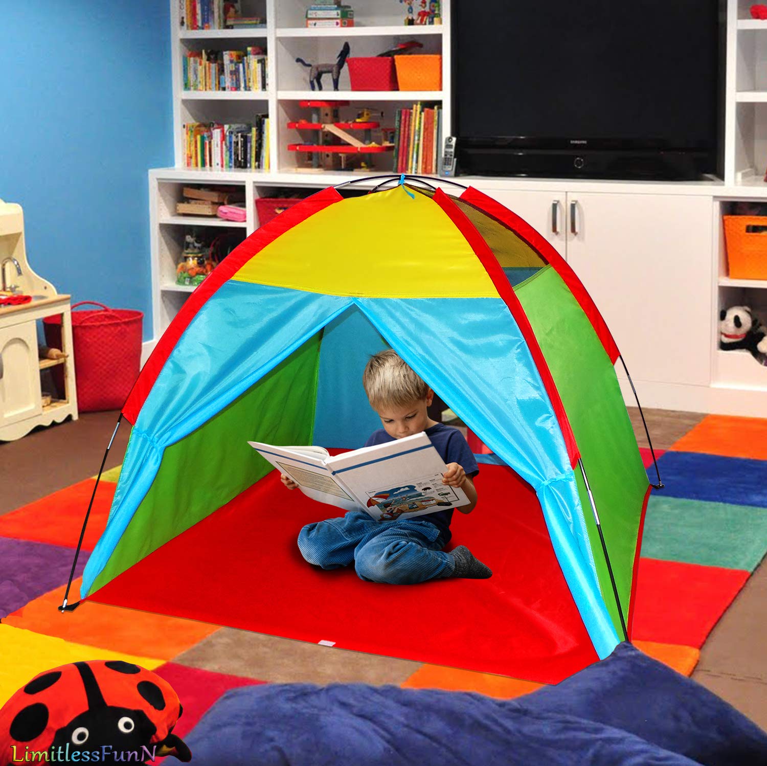 LimitlessFunN Rainbow Kids Play Tent | Includes Star Lights & Carrying Case |, Children Dome Playhouse for Boys, Toddlers, Indoor & Outdoor, 48