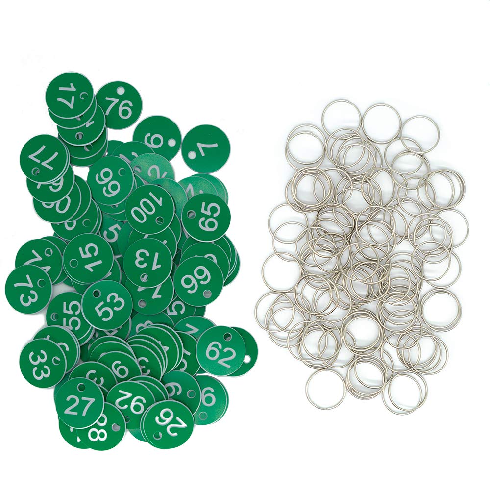 Plastic ID Number Tags Key Tags Engraved Number with Key Rings (Green, 1-100)