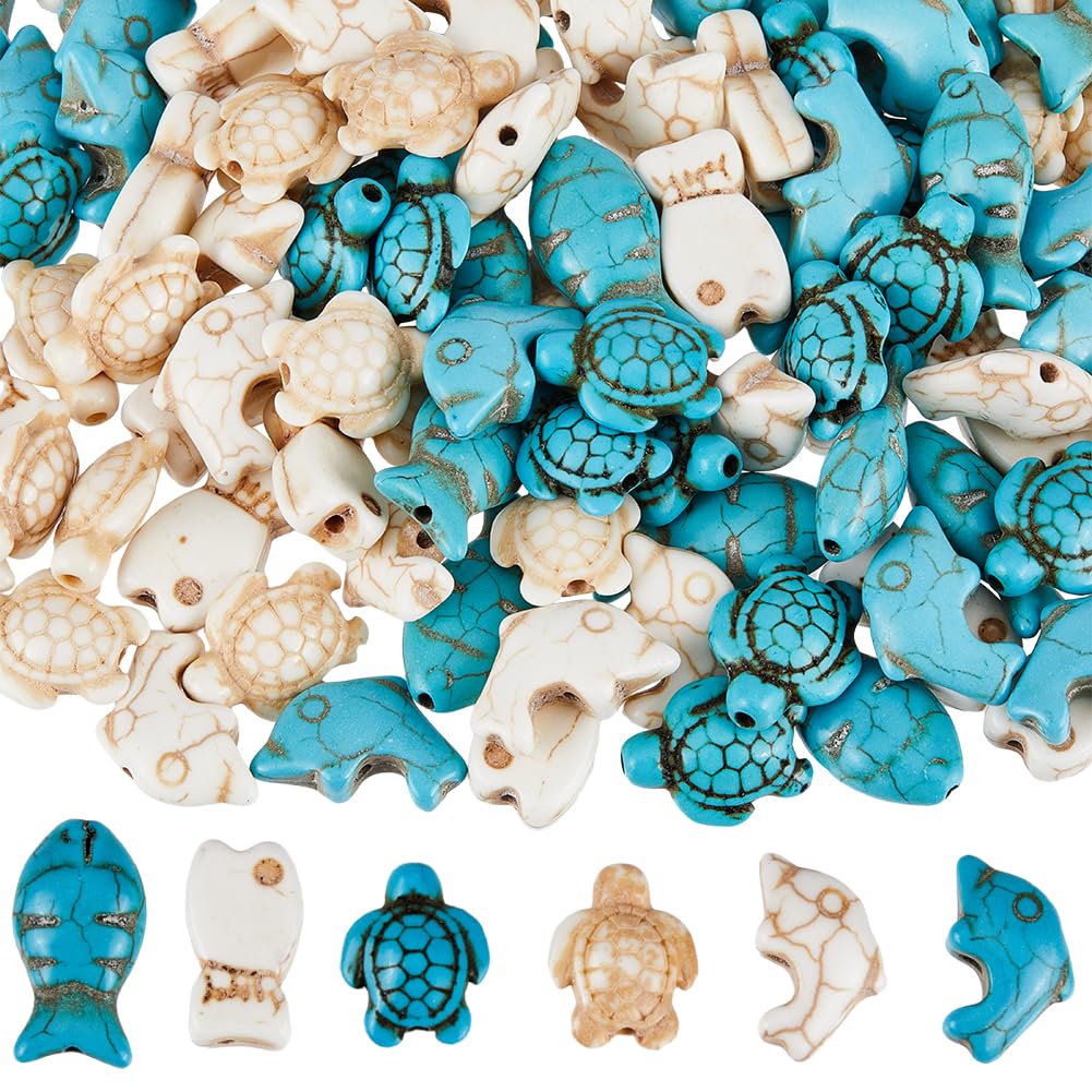 SUNNYCLUE 120PCS 6 STYLES Turquoise Turtle Beads Ocean Animal Beads Summer Hawaii Sea Animals Blue White Lucky Fish Gemstone Loose Spacer Bead Bulk for jewellery Making Beading Kit Bracelet Craft