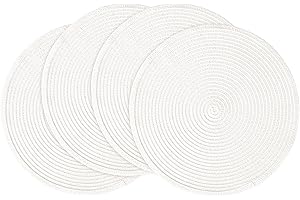 Floroom 15 Inch Round Braided Placemats Set of 4, Washable Heat Resistant Cotton Polyester Circle Place Mats for Kitchen Dining Table - White