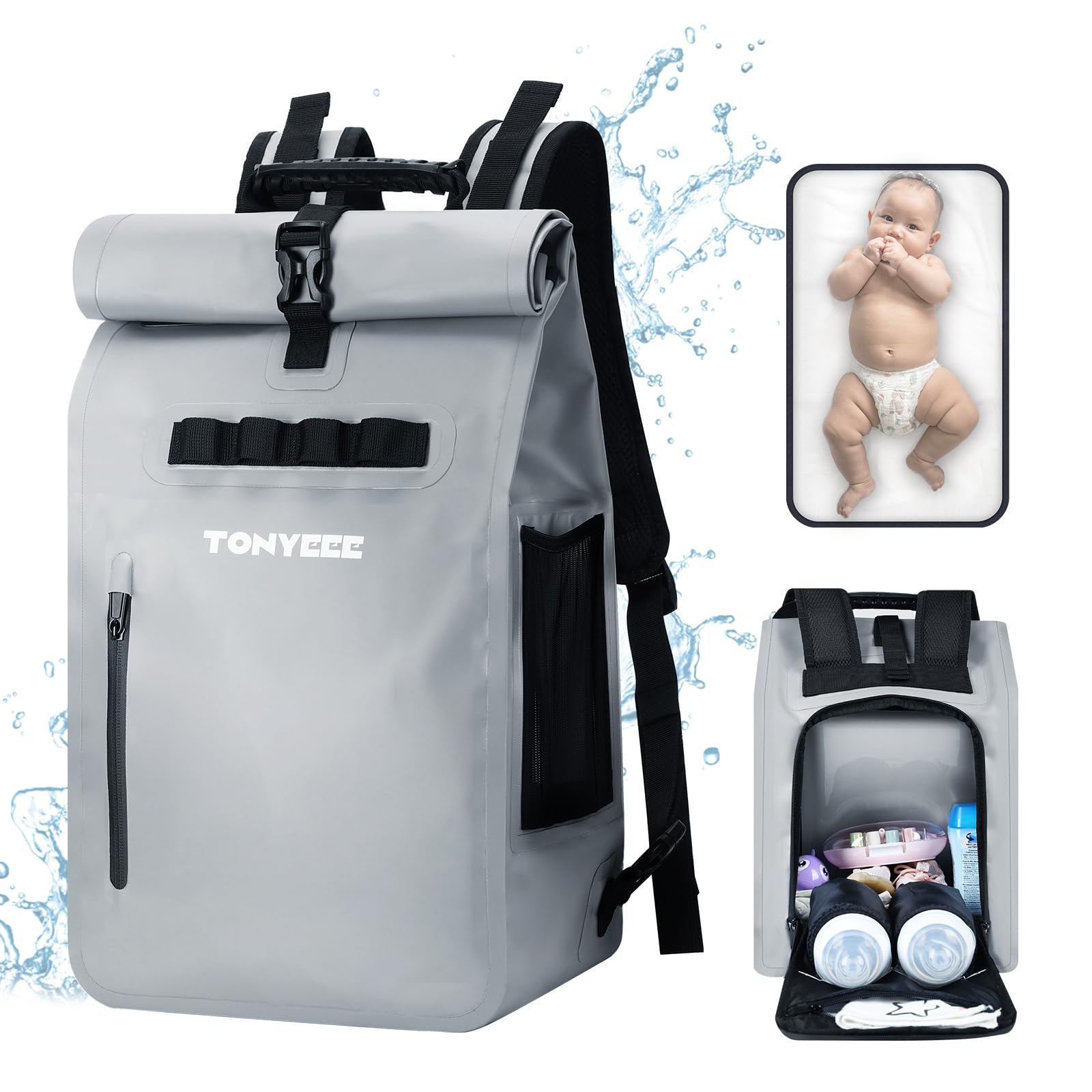 Tonyeee Waterproof Changing Backpack, Casual Changing Bag, Rolltop Backpack with Bottle Warmer, Changing Mat and Pram Attachment - Grey