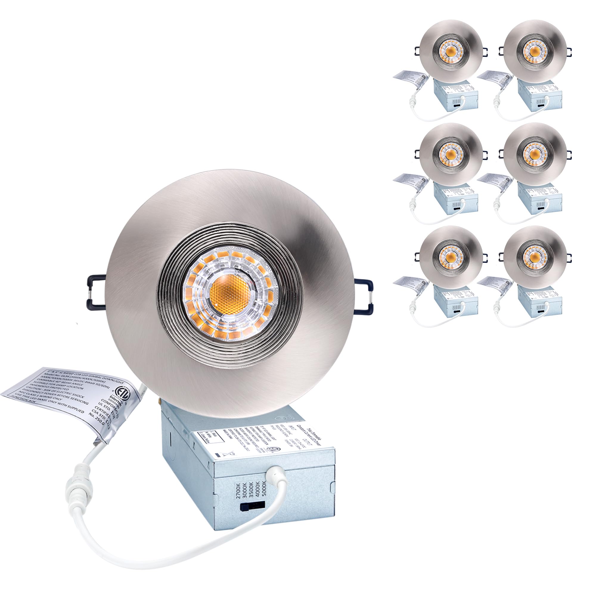 Photo 1 of POPANU Premium Canless Recessed Gimbal Downlight Rotatable-Spotlight 5 CCT Eyeball Ceilling Potlight, Dimmable Lights Fixture with Junction Box, 8W CCT Adjustable (Brushed Nickel, 4 Inch)