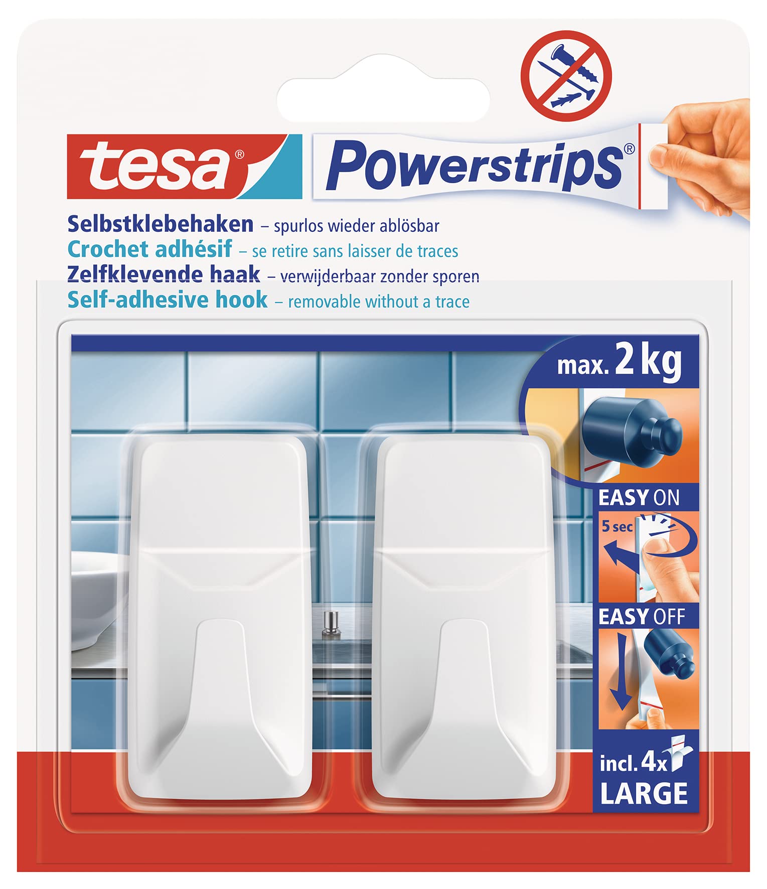tesa Powerstrips Hook - Self-Adhesive Wall Hook for Glass, Tiles, Wood, Plastic and Other Surfaces - Rectangular Hook - Powerstrips Technology - Large