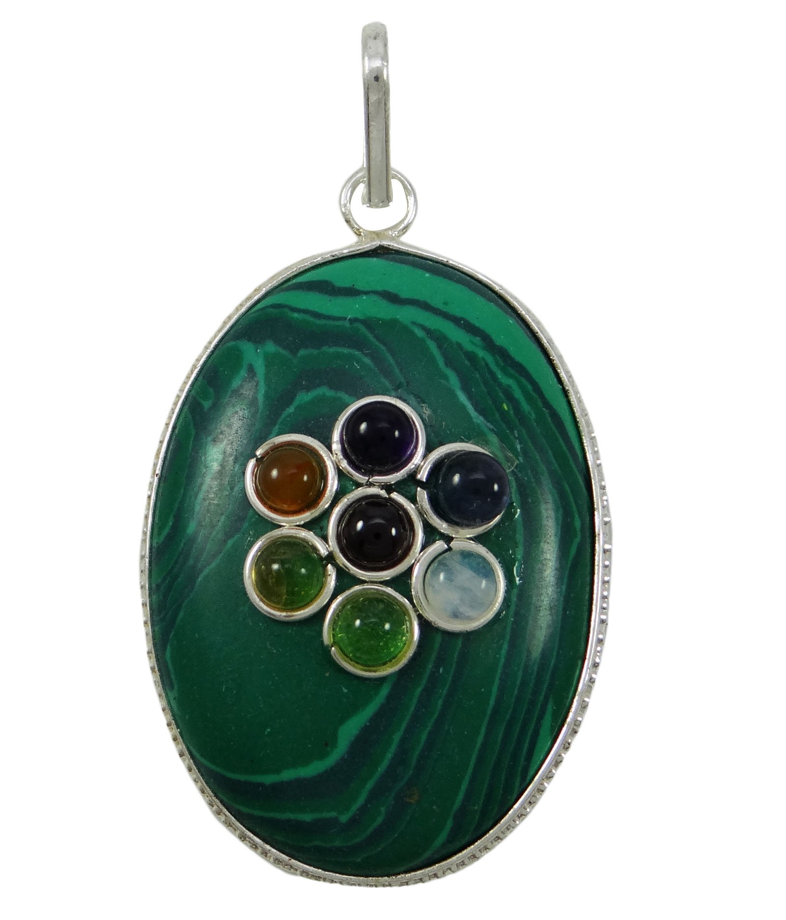 Harmonize Malachite 7 Chakra Oval Shape Pendant Spiritual Reiki Healing Stone Locket Gemstones