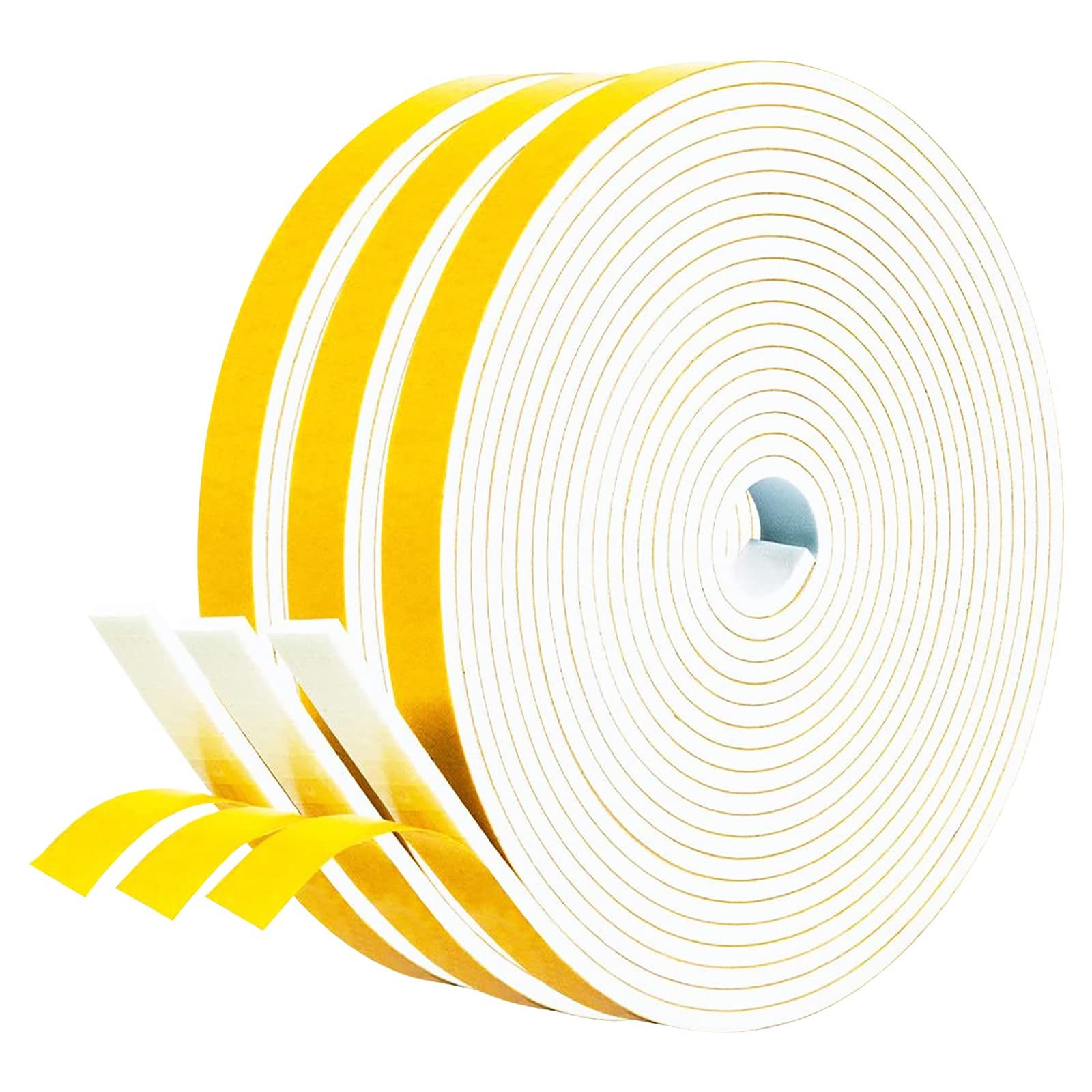 fowong Draft Excluder for Doors, 3 Rolls 12mm(W) x 3mm(T) High Density Foam Tape, Self Adhesive Weather Seal Strip for Windows and Doors, Insulation Soundproofing Strips Tape, Total 15M Long, White