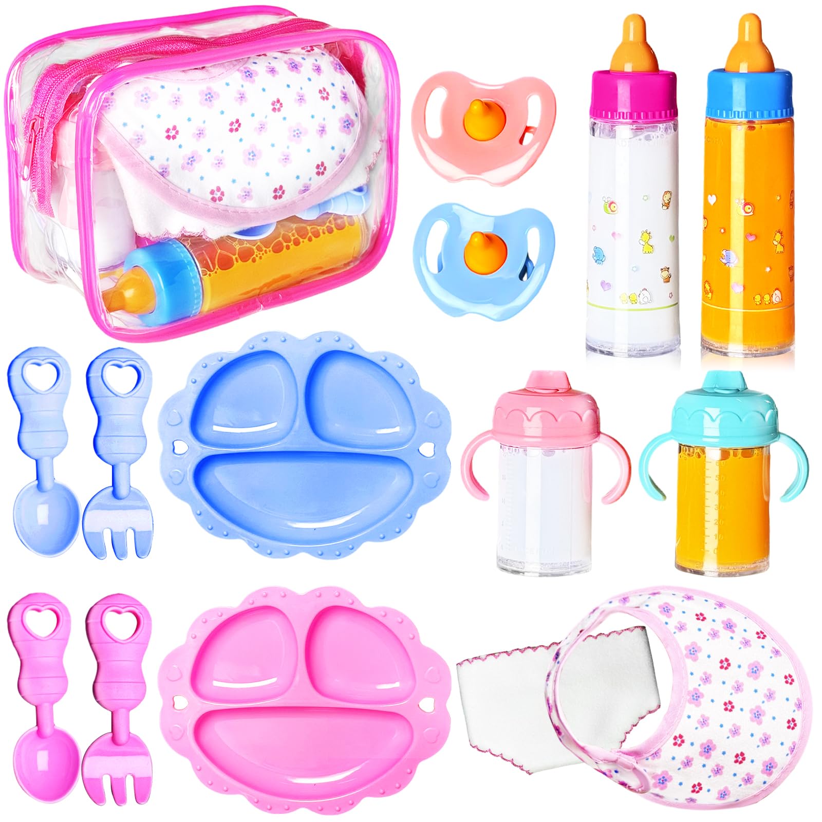 Photo 1 of 15Pcs Baby Doll Accessories Magic Bottle Set,Pretend Play Feeding Toy with Juice Milk Bottles,Sippy Cups,Pacifiers,Bowl Spoons,Bib,Diaper,Dolls Feeding Kit for Kids Girls,Party,Gift
