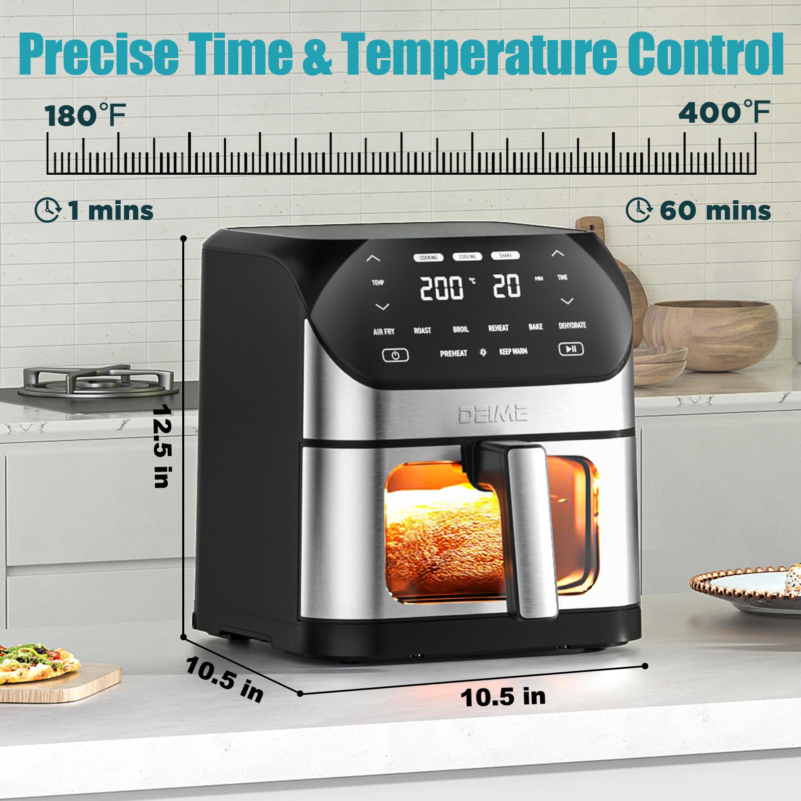 Freidora de aire 6.2 QT de gran capacidad sin aceite freidoras de aire caliente horno 1500 W cocina saludable con 10 preajustes, pantalla táctil LCD digital, ventana de cocción visual, cesta antiadherente, receta incluida (Plata-L)