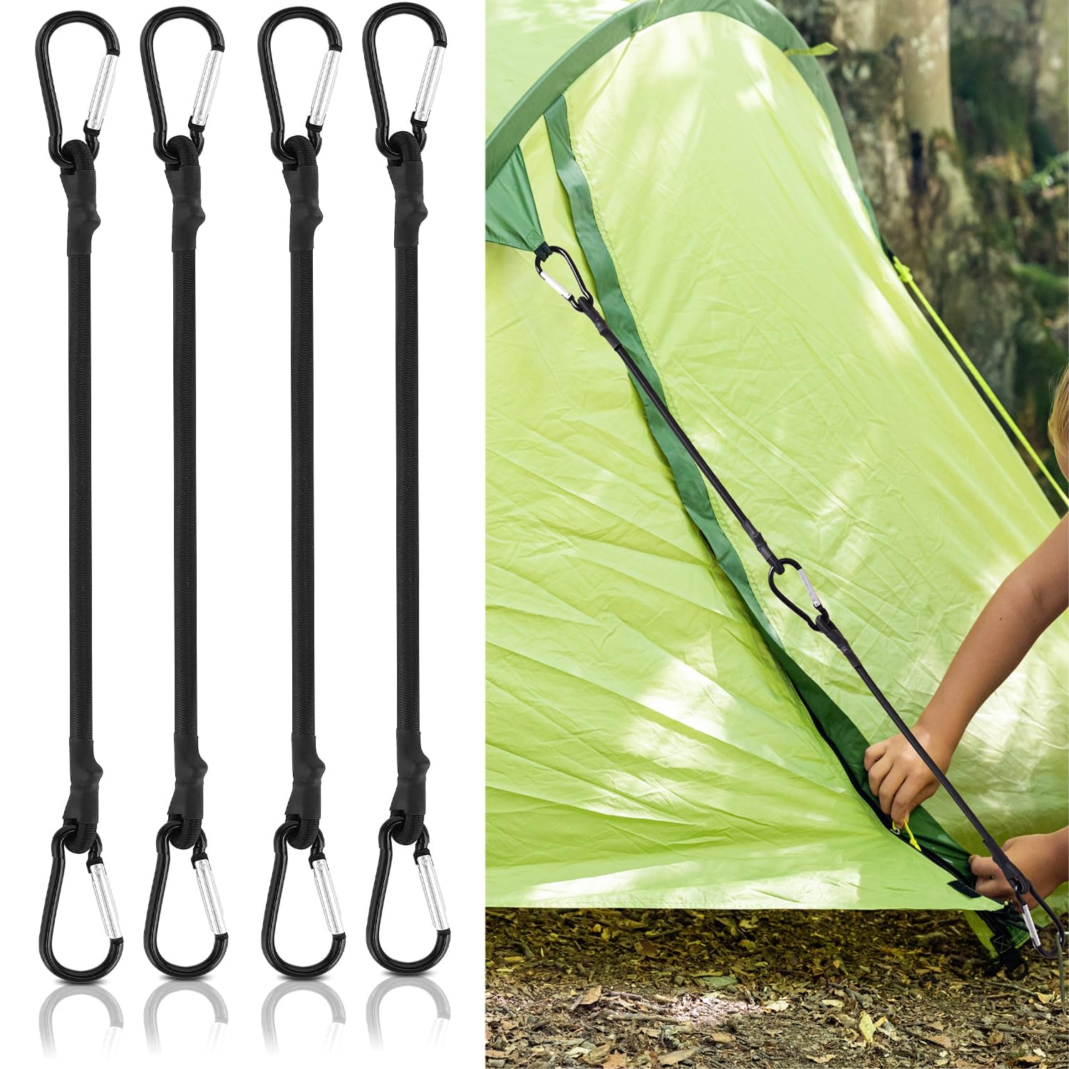 4 Pcs Bungee Cords with Carabiner Clips, Long Heavy Duty Carabiner Bungee Cord, Extra Strong Black Bungee Straps with Carabiner Hooks for Camping, Tarps, Tent, Car,Bike Rack