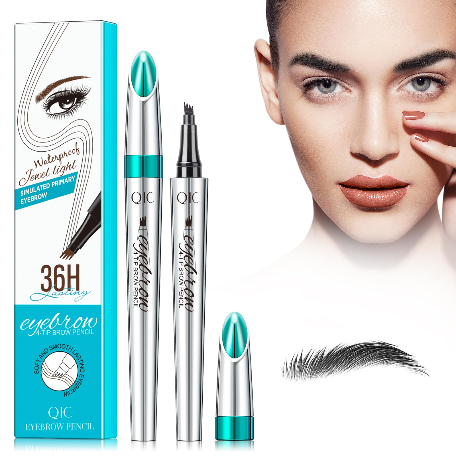 3D Waterproof Eyebrow Pencil with 4 Fork Tip Applicator - Long-Lasting Natural Eyebrows (Black)