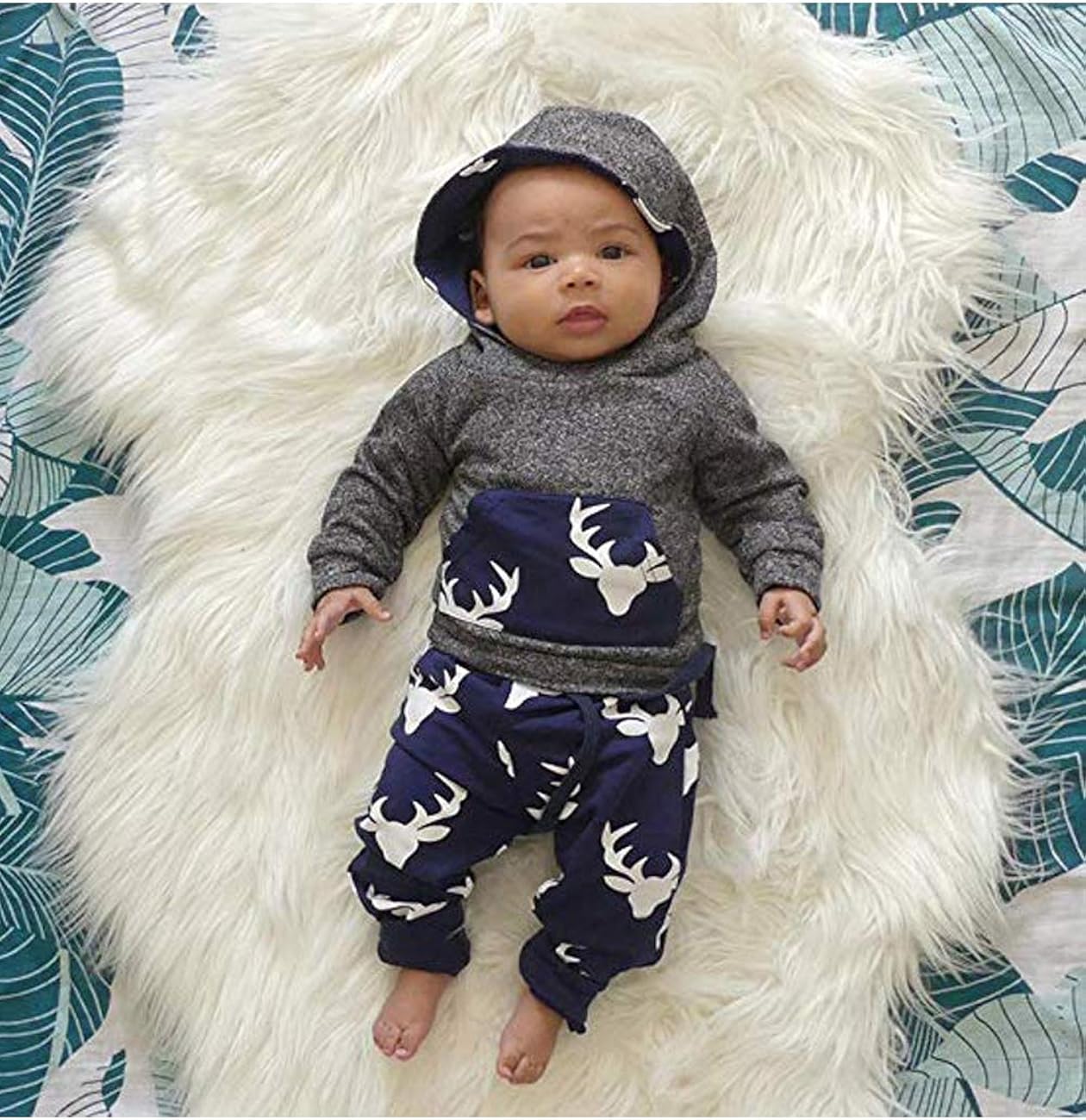 Toddler Infant Baby Boys Deer Long Sleeve Hoodie Tops Sweatsuit Pants Outfit Set: Clothing