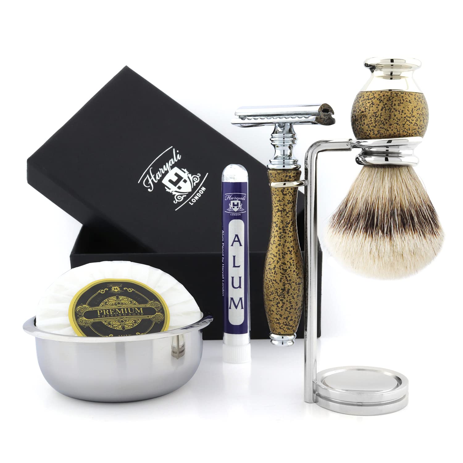 Haryali London, 5 pcs Shaving Kit for Men – Synthetic Silvertip Shaving Brush Set with Double Edge Razor, Shaving Stand, Shaving Soap & Shaving Bowl - Classic Wet Shaving Set - Gold