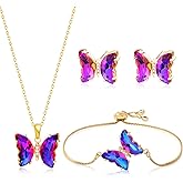 MISS RIGHT Butterfly Crystal Jewelry Set with Butterfly Necklace Stud Earrings Bolo Bracelet Adjustable Ring for Women Trendy, Iridescent Y2K Dainty Butterfly Jewelry Gifts
