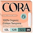 Cora Organic Applicator Tampon Multipack | 12 Light, 12 Regular, 12 Super Absorbency | 100% Organic Cotton, Unscented, BPA-Free Compact Applicator | Leak Protection, Easy Insertion | 36 Total