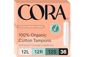 Cora Organic Applicator Tampon Multipack | 12 Light, 12 Regular, 12 Super Absorbency | 100% Organic Cotton, Unscented, BPA-Free Compact Applicator | Leak Protection, Easy Insertion | 36 Total