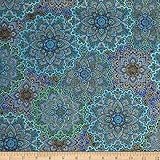 Timeless Treasures Enchanted Plume Metallic Medallions Turquoise Fabric By The Yard
