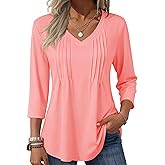Zeagoo 3/4 Length Sleeve Womens Tops Casual V Neck Pleated Top Boho Floral Blouses Work Shirts