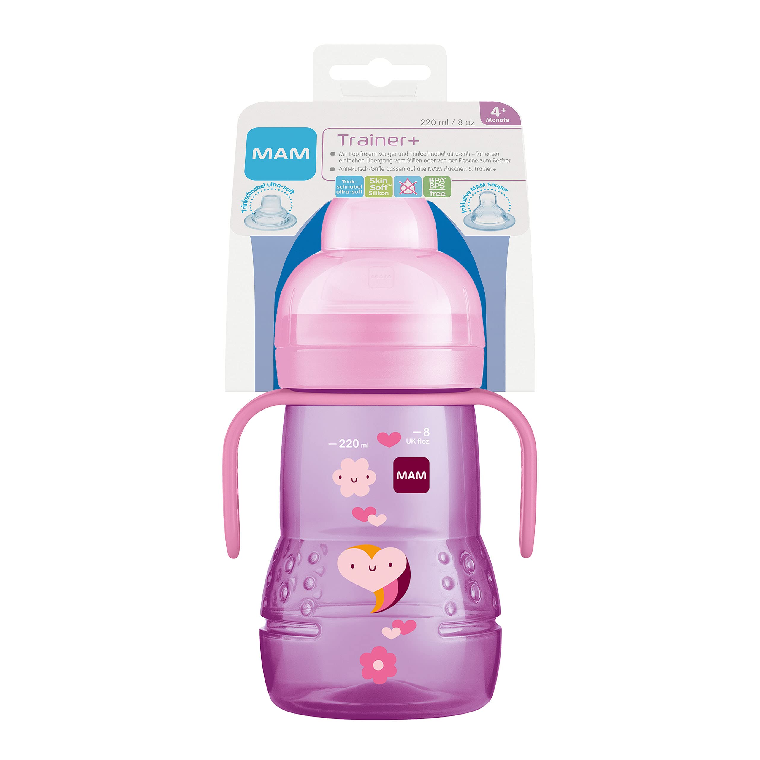 MAM Trainer+ (220 ml), Drinking Bottle for The Transition to a Cup, Drinking Cup with drip- Teat, Drinking spout and Handle, 4+ Months, Heart