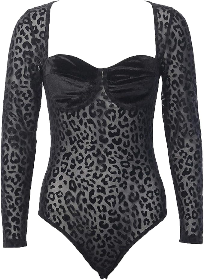 Bodysuits Mesh Leopard Mesh Bodysuit Black Sexy Bodysuit For Women