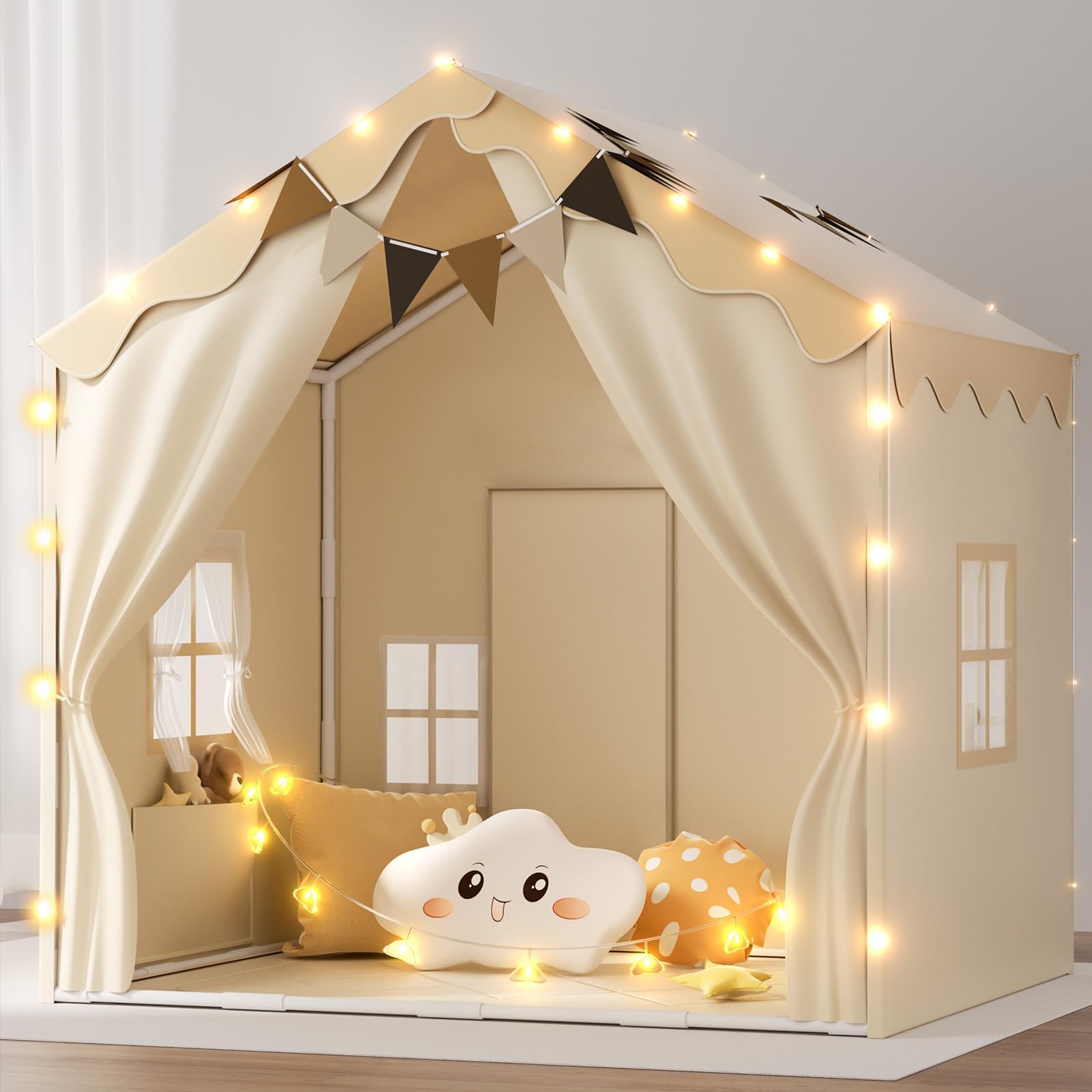 EagleStone 2-in-1 Kids Tent,Large Play Tent with Padded Mat and Lights,Kids Playhouse with 2 Doors & 4 Windows,2 Large Side Pockets,Indoor Outdoor Kid Play Tent for Toddlers Christmas,53" x40" x 51"