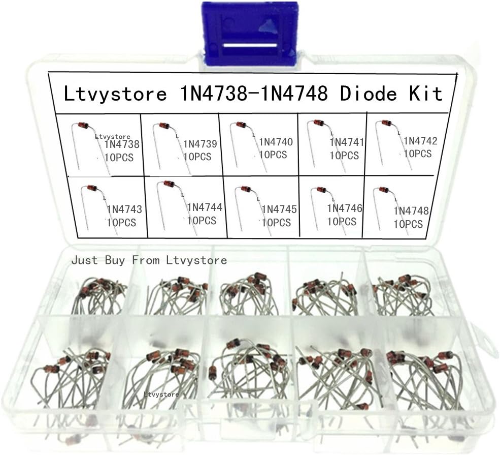 Zener Diodes Kit, 1W Axial Leads Through Hole Power Diode Assorted Assortment Box Kit Set (8.2V/9.1V/10V/11V/12V/13V/15V/16V/18V/22V), Range 1N4738~1N4748,Pack of 100, by Ltvystore