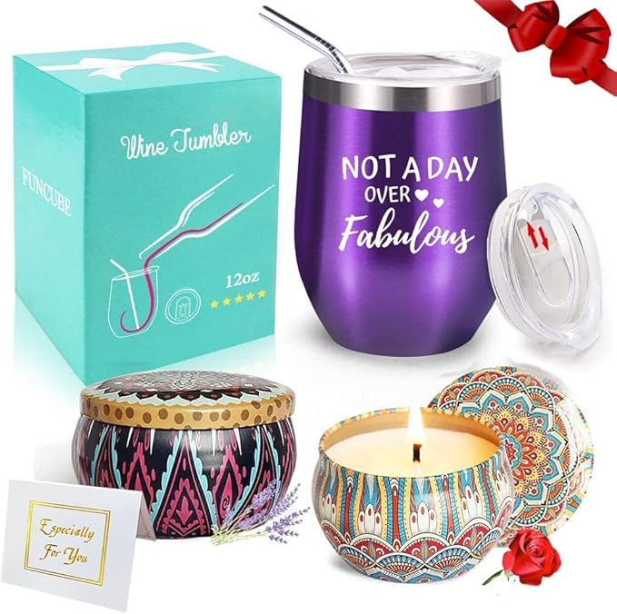 Wine Tumbler with Saying + Scented Candles Gift Set Not A Day Over