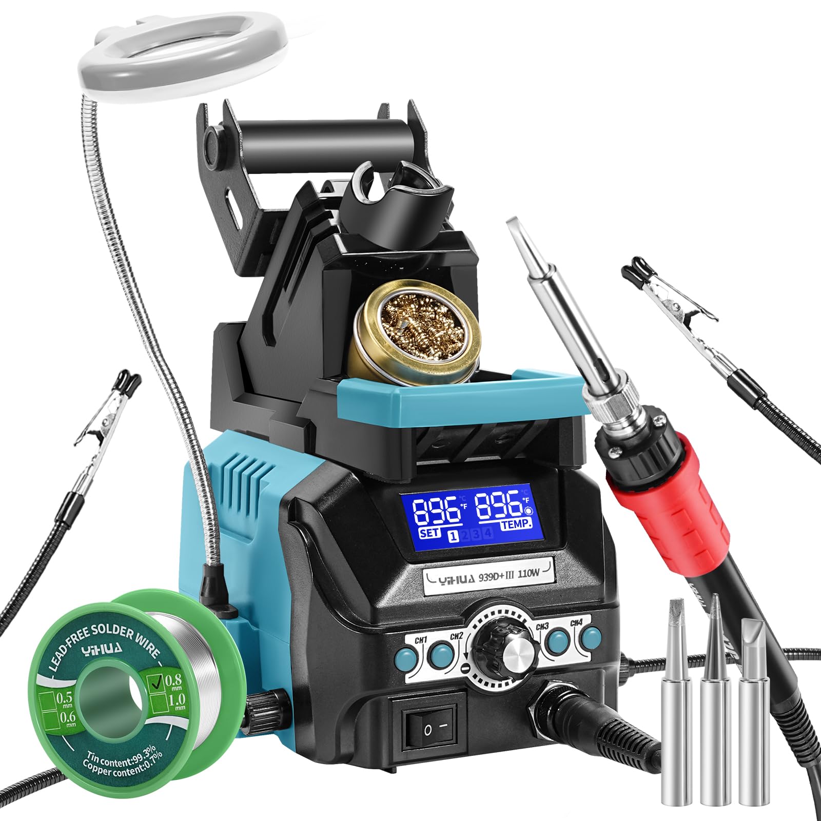 Photo 1 of YIHUA 939D+ III EVO Digital Soldering Iron Station Kit 110W High Power with LCD display, 4 Memory Channels, Sleep Mode, Digital Calibration, Solder Wire, Helping Hands, Magnifier, 3 Soldering Tips
