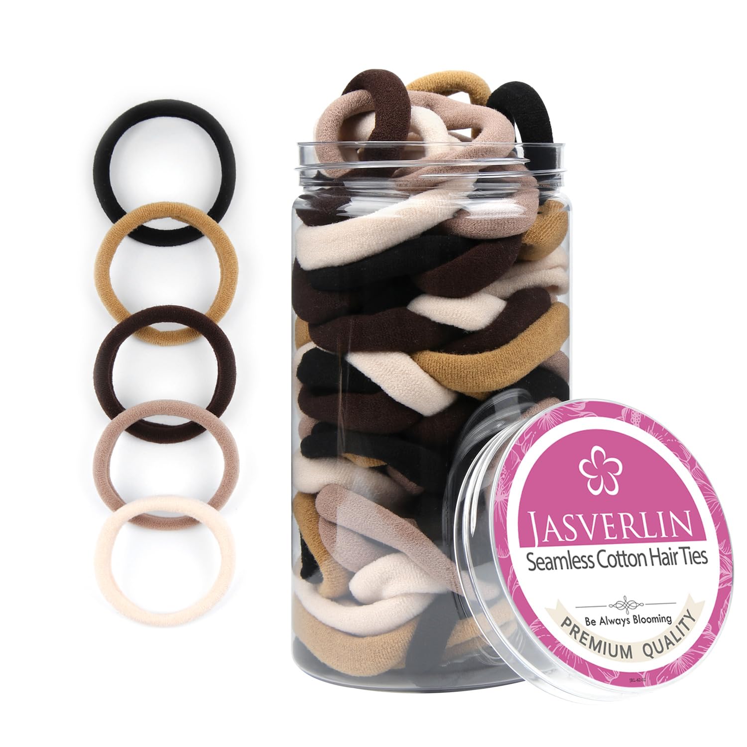 JASVERLIN 100 Pcs Seamless Cotton Hair Ties, Thick Hair Elastic Bands Soft No Damage Ponytail Holders for Women Girl 1.5 inch (5 Colors) — image 1