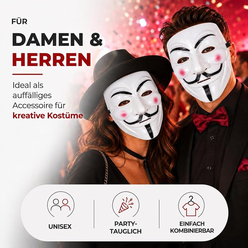 Vendetta Maske als Kostüm Accessoire für Damen & Herren, Kinder & Erwachsene an Anonymous Halloween & Fasching & Karneval — Foto 3 von 8