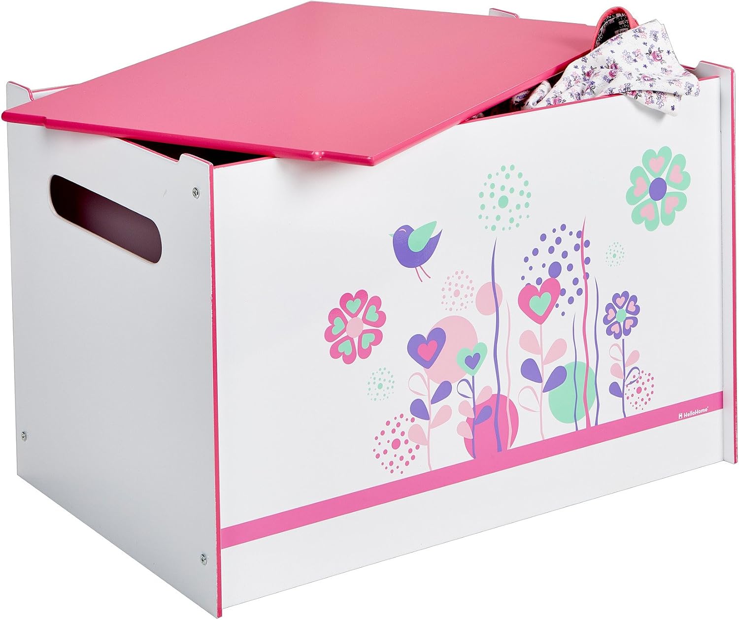 Worlds Apart Flowers and Birds Kids Toy Box - Childrens Bedroom Storage Chest with Bench Lid by HelloHome, White, 39.5x39.5x60.0 cm - Image 5