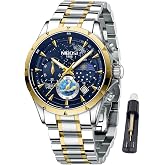 NIBOSI Men's Quartz Stainless Stee Watch,Day Date Starry Sky Moon Display | Waterproof Luminous Business Casual Classic Desiger Wrist Watch Gold Silver Watches for Men，Elegant Gift