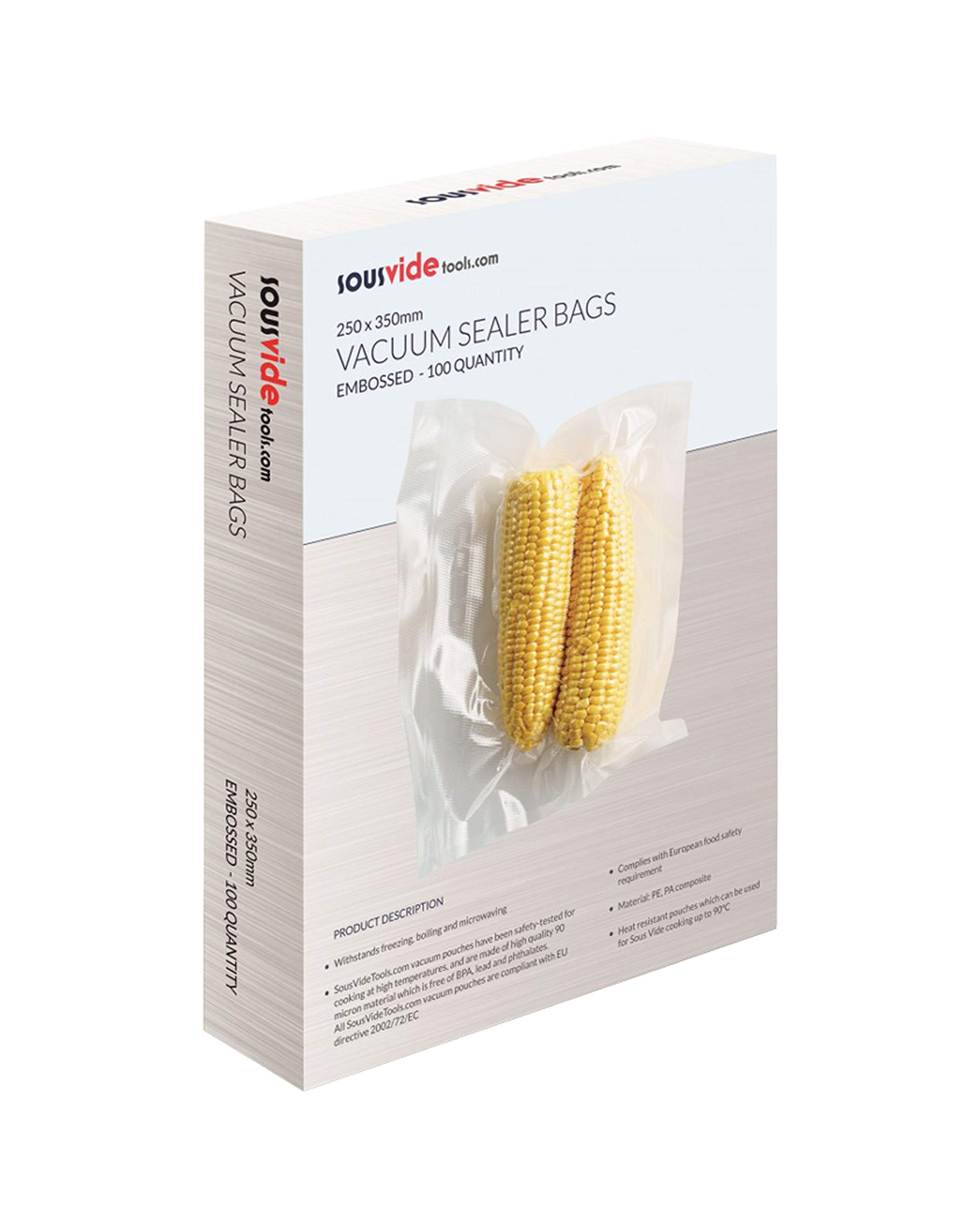 SousVideTools | Vacuum Sealer Bags | Pack of 100 | 25cm x 35cm | Embossed Food Storage | Sous Vide Cooking, Freezing & Microwaving | [SVT-06004]