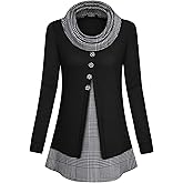 VALOLIA Womens Cowl Neck Long Sleeve Tunic Tops Button Casual Loose Shirts