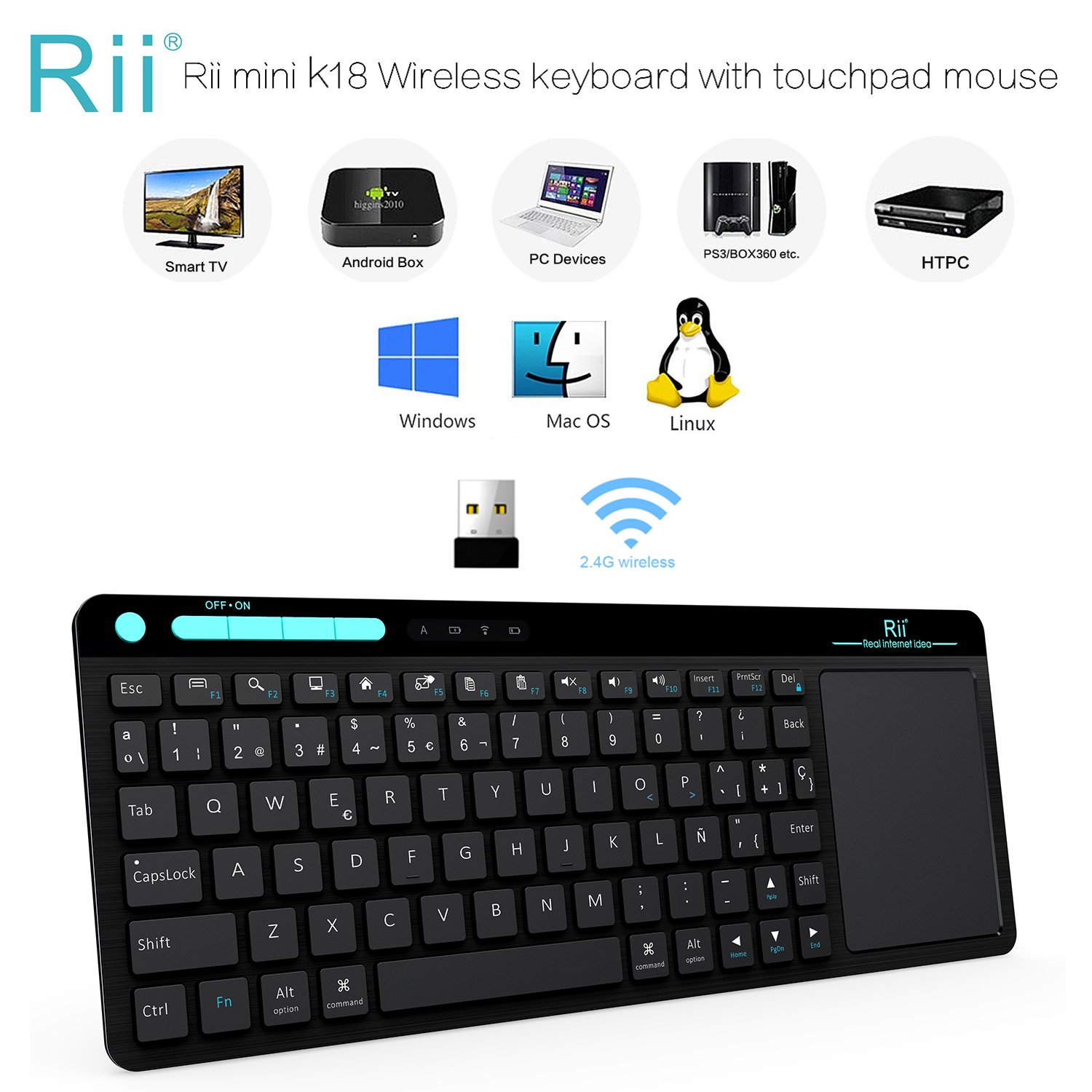 Teclado Rii K Teclado Inalámbrico con touchpad sensible y multitoque Perfecto para