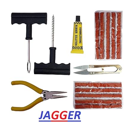 Jagger Complete Tubeless Tyre Puncture Repair Kit (Nose Pliers + Cutter + Rubber Cement + Extra Strips)