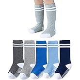 EPEIUS Knee High Socks with Non-Slip Grip,Toddler Athletic Stripe Team Tube Socks Kids Boys Girls 5-Pack