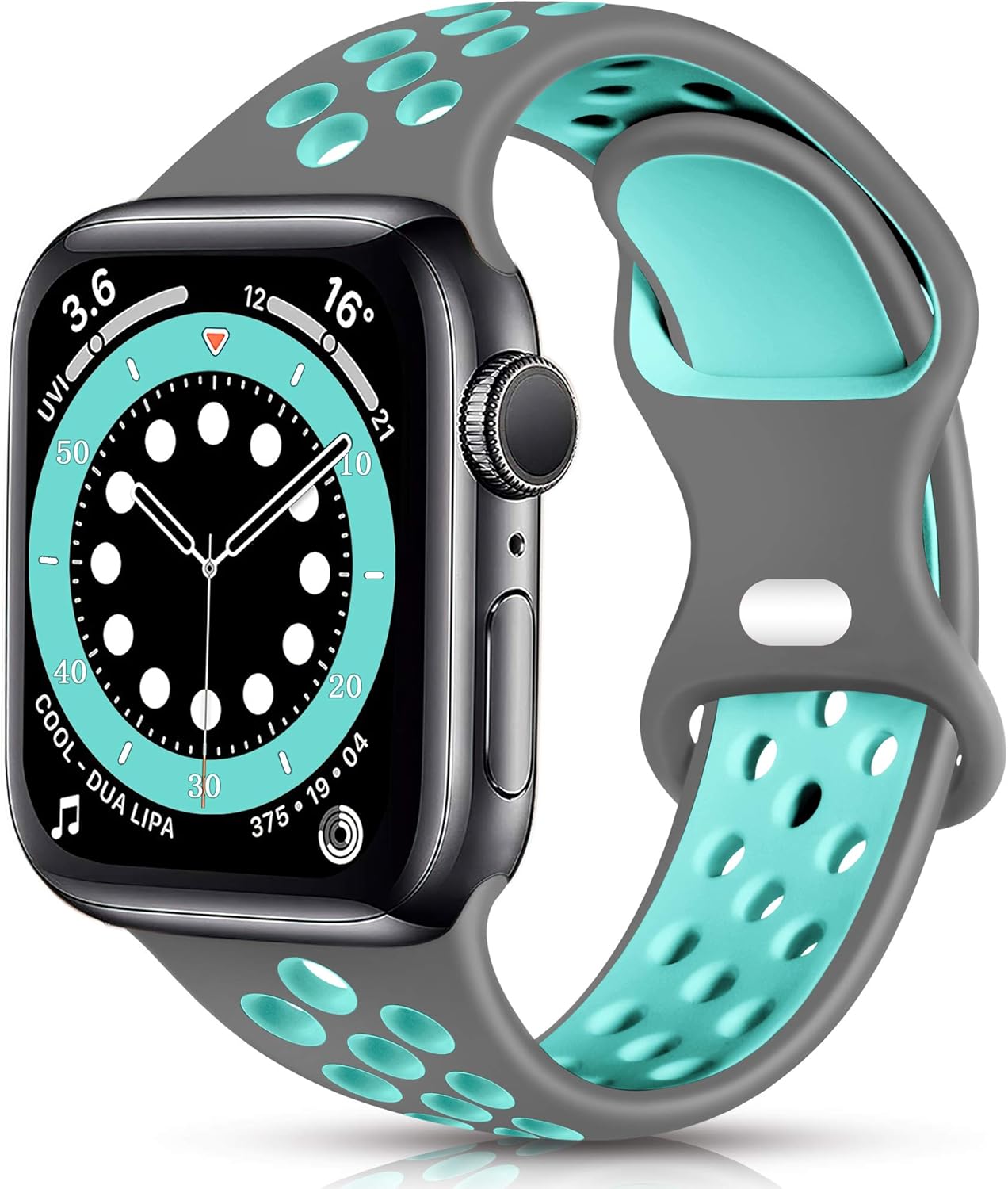 Sport Band Compatible with Apple Watch 42mm 44mm Women Men, Breathable Silicone Replacement Wristband for iWatch SE Series 1/2/3/4/5/6, Gray/Teal, Small