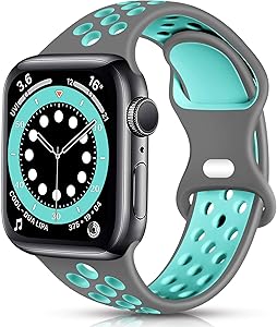 Sport Band Compatible with Apple Watch 42mm 44mm Women Men, Breathable Silicone Replacement Wristband for iWatch SE Series 1/2/3/4/5/6, Gray/Teal, Small