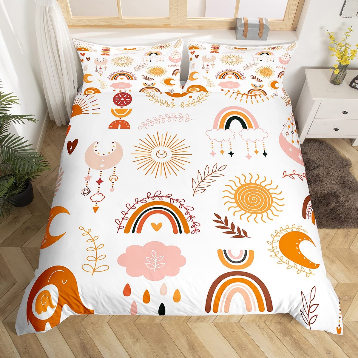 Boho Rainbow Bedding Set For Girls Single,Cute Bohemian Eyes Moon Sun Duvet Cover Kawaii Cloud Dream Catcher Comforter Cover For Kids Nursery Cartoon Hand Drawn Doodle Quilt Cover 1 Pillowcase — image 1