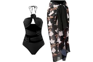 NAPOO Women One Piece Swimsuit with Beach Cover Up Wrap Skirt Set Floral Print Bikini Tummy Control Two Piece Bathing Suit