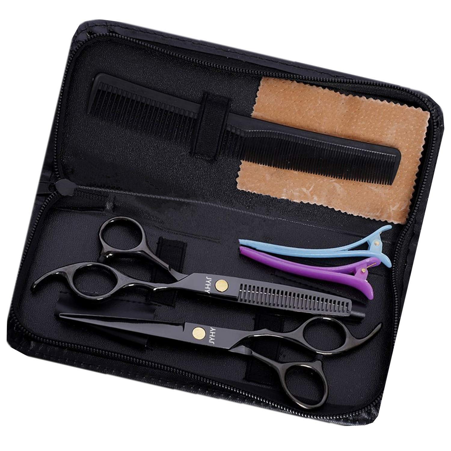 JYHY Professional Hair Scissors Shears Barber Thinning Set Kit - Family Barber Hair Cutting Tool Thinning Texturizing, 6" (Black)
