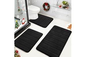 BYSURE Black Memory Foam Bathroom Rug Set 3 Piece, Non Slip Extra Soft Absorbent Washable & Dry Toilet Bath Mat Sets