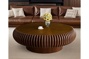 Solid Wood Round Drum Coffee Table, Mid-Century Modern Grooved Center Table for Living Room, Natural Finish (C 39.37in)