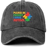 GOSJINNK Funny Autism Puzzle Distressed Washed Black Baseball Caps Please Be Patient I Have Autism Printed Cotton Adjustable Baseball Hats Autism Awareness Gifts for Women Men Friend Dad Neighbor